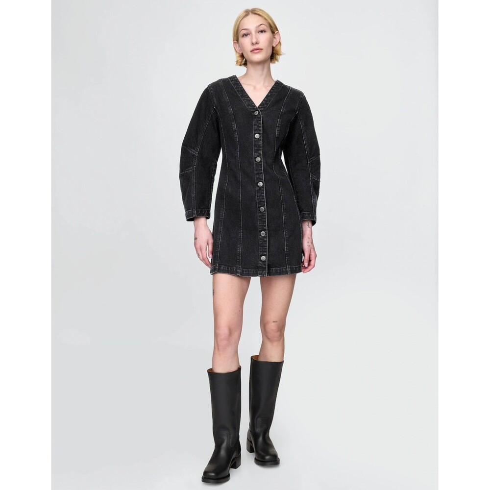 New Gap‎ Long Barrel Sleeve Denim Mini Jean Dress Black Button Front Small NWT